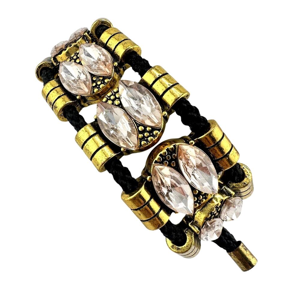 Pink Marquise Rhinestones Gold Tone Slide Links Black Cord Bolo Bracelet